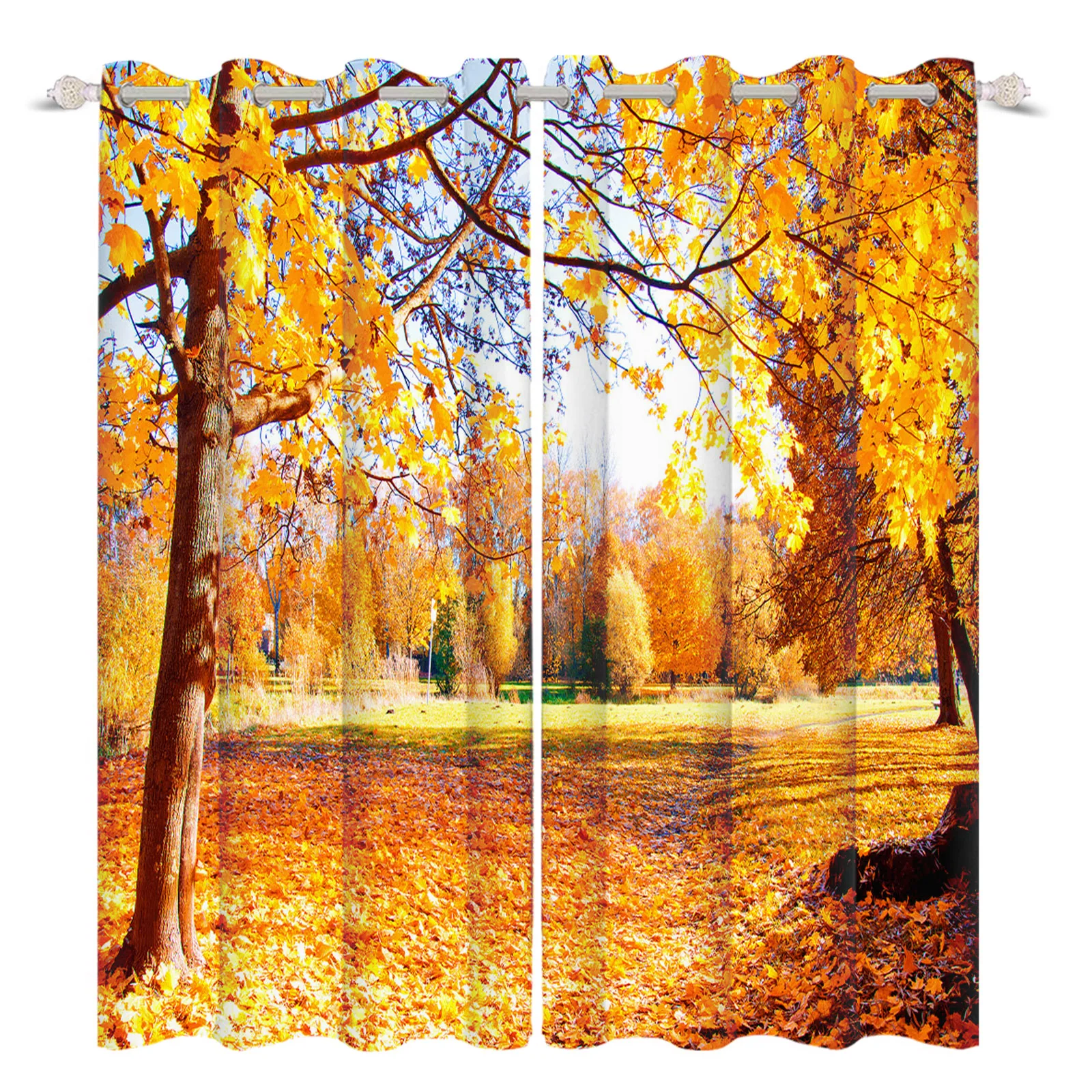 

Autumn Forest Landscape Curtains Home Decor For Living Room Bedroom Perforated Sunshade Treatment Drapes 100% Polyester