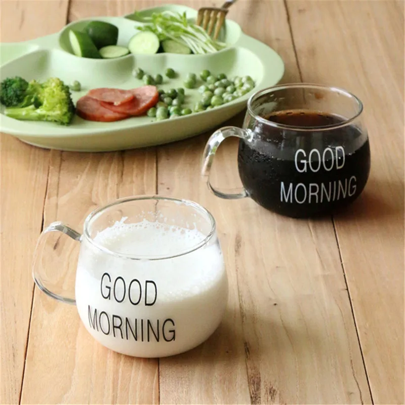 

GOOD MORNING 1Pcs Glass Breakfast Cup Coffee Tea Milk Yogurt Mug Creative Letters Printed Mug Transparent Handle Drinkware