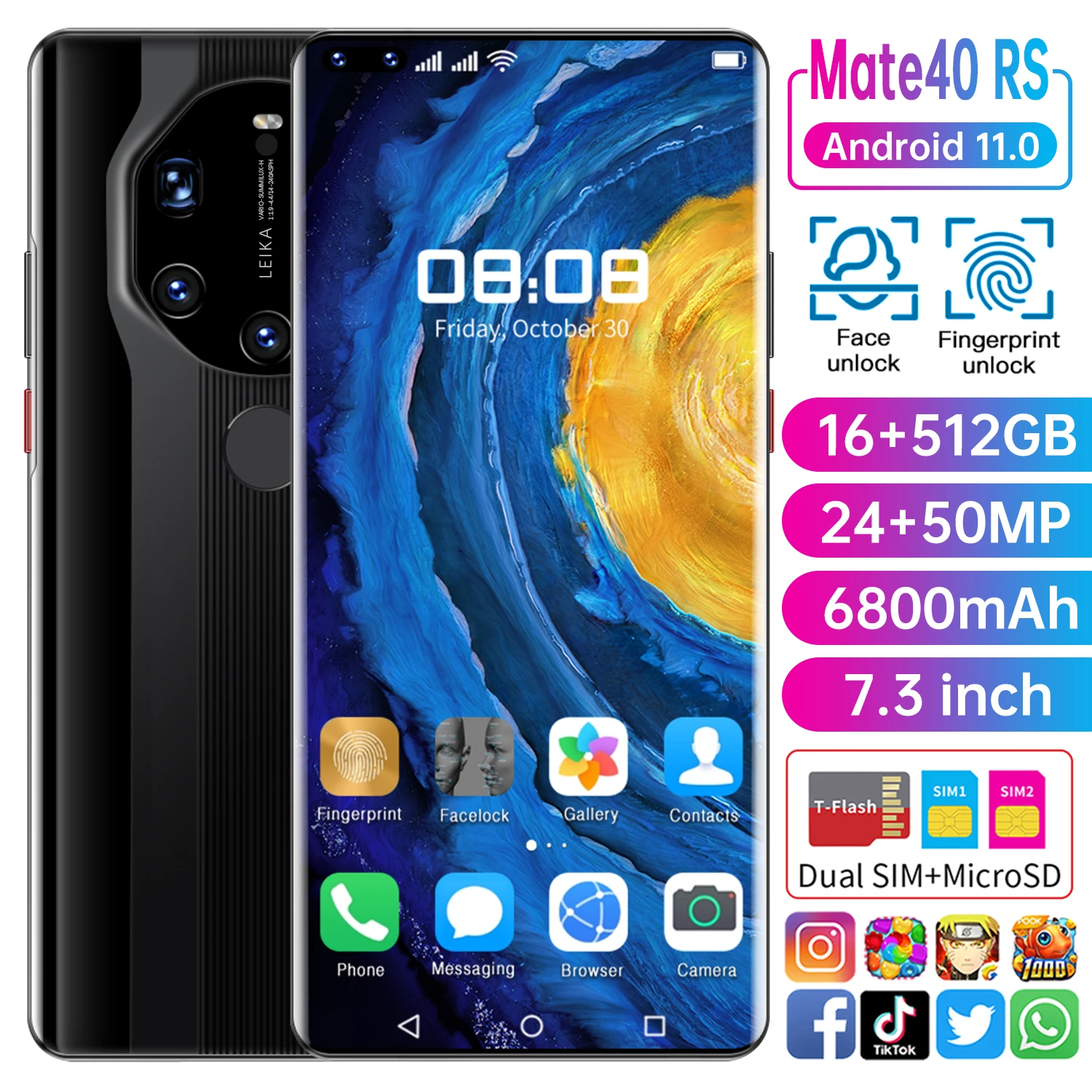 

2021 New Global Version Mate40 RS 7.3Inch Smartphone 16GB+512GB Cellphone 24+50MP 4G 5G Network 6800mAh GPS WiFi Mobile Phone