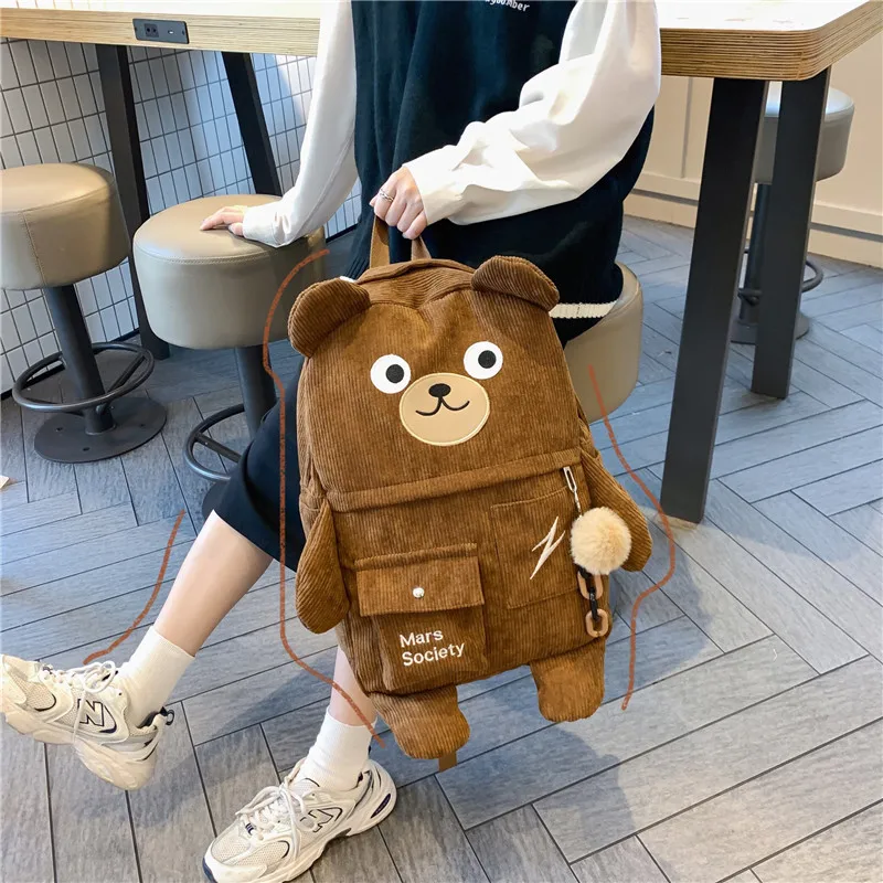 

Cute Bear Women Corduroy Backpack Harajuku Pure Color Stripe School Bag Luxury Teenage For Female Book Bags Girl Travel Mochila