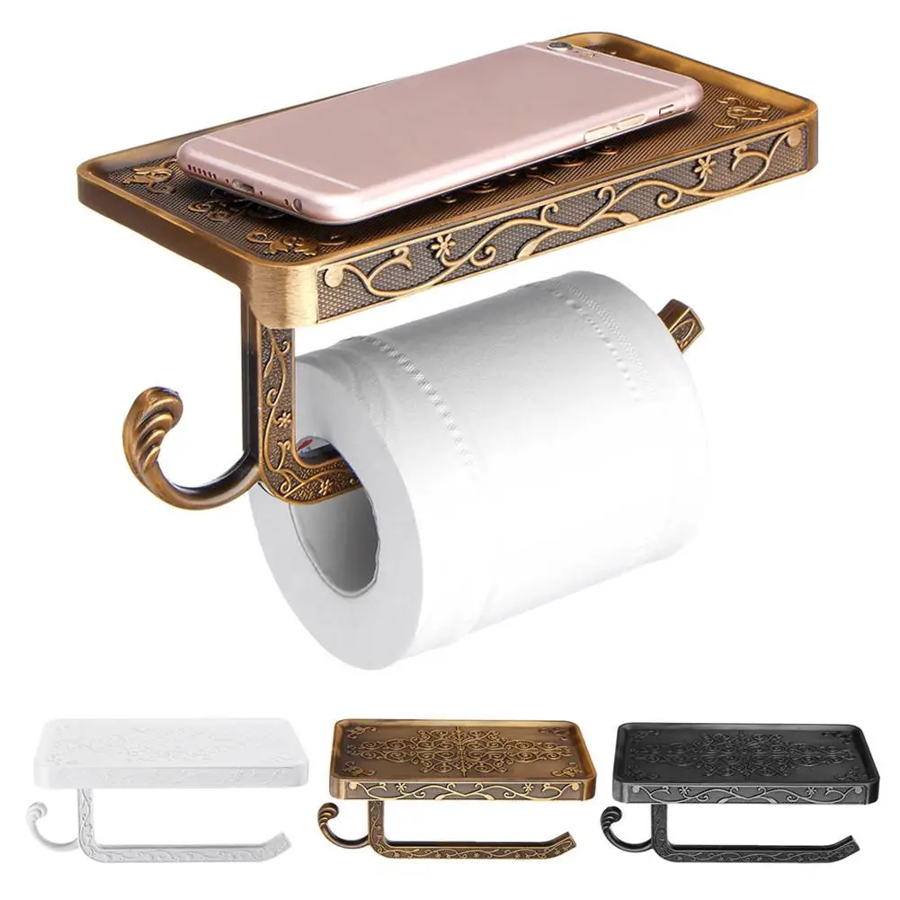 

Antique Carved Zinc Alloy Wall Mounted Toilet Roll Tissue Holder Stand Mobile Phone Holder with Shelf Bathroom Towel Rack Paper