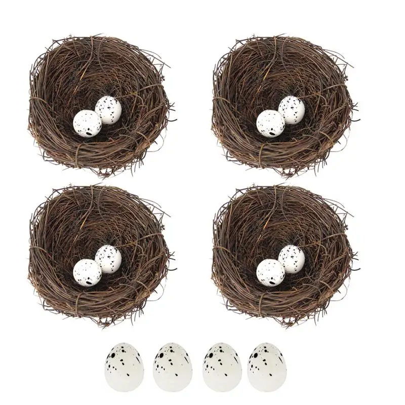 

16pcs Simulation Rattan Bird Nest Easter Bird Egg Ornament Party DIY Decor (4pcs 10cm Bird Nest, 12pcs Bird Eggs)