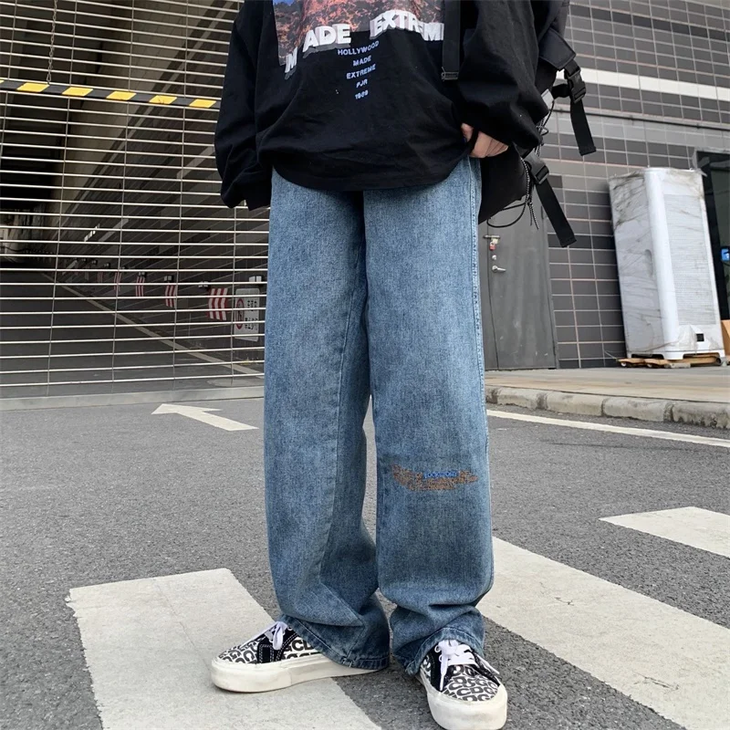 

2021 Spring New Korean Ins Street American Embroidered Letters Student Loose Straight Jeans Men and Women Fashion