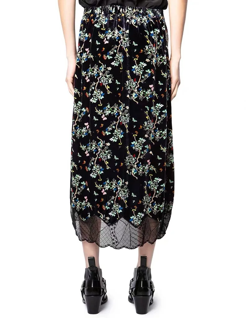 

2021 spring new ladies skirt black silk print long