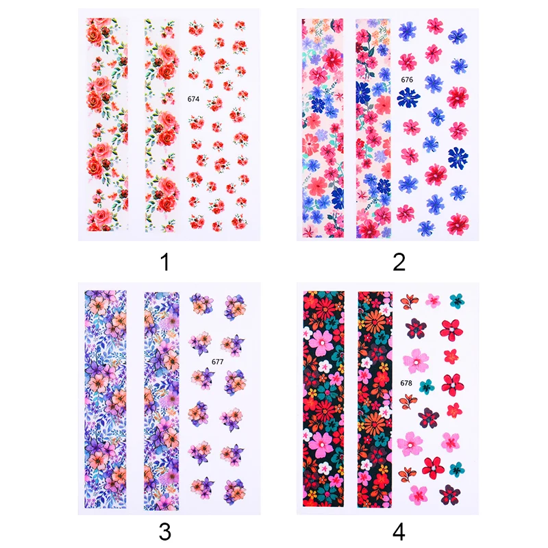 Наклейки для ногтей розовые желтые фиолетовые цветные смешанные цветы