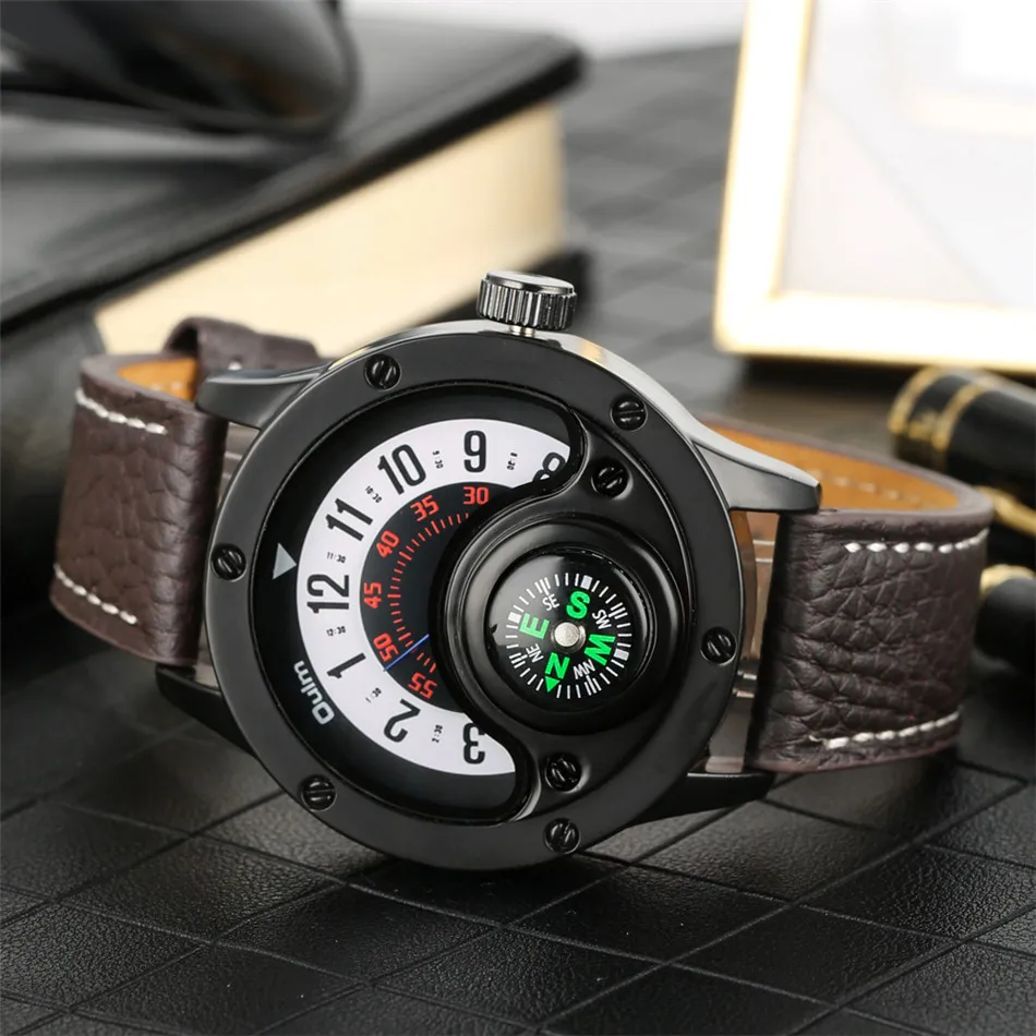 

Oulm Brand Creative Watch Dial Men Genuine Leather Wrist Watches Quartz Movement Sport Fashion Compass Design Casual Mens Watch