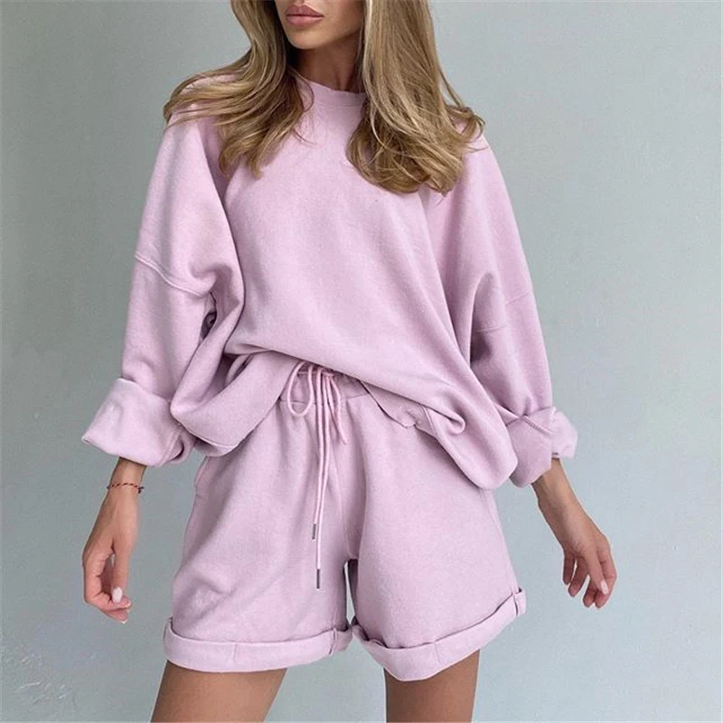 

Women Tracksuit Two Piece Set Oversize Sweatshirts and Shorts Sportswear Outfit Solid Set Summer Autumn