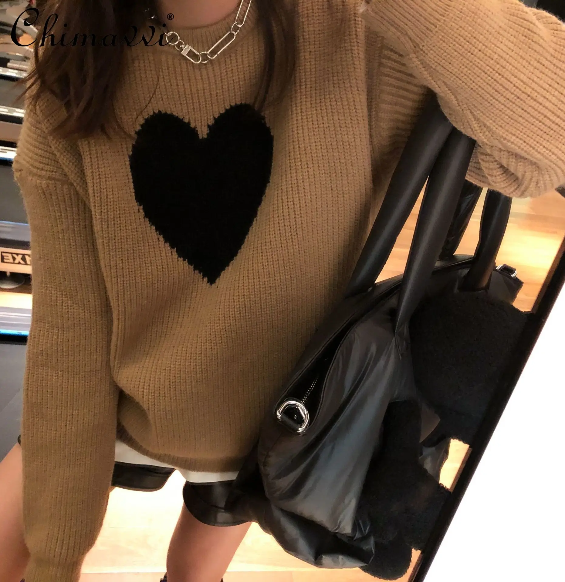 

2021 Fall Women's Clothing New Fashion Casual Outer Wear Heart Printing Loose Sweater Round Neck Long Sleeve Knitted Pullover
