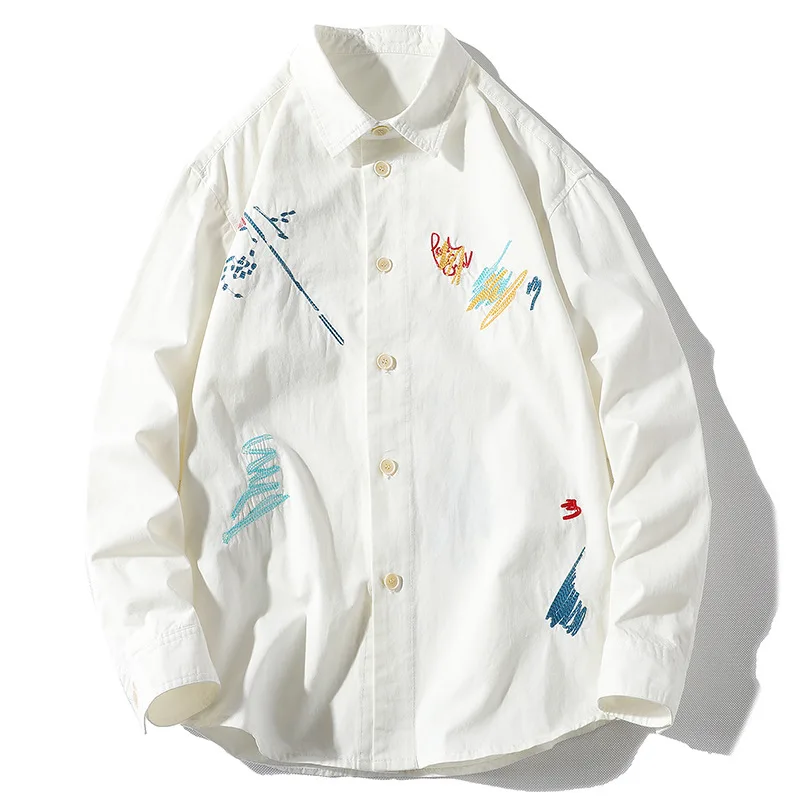 

Spring 2021 New Instagram Trend Korean Japanese Style Cardigan Lapel Men's Top Long-sleeved Shirt Harajuku Cartoon Doodle Shirt