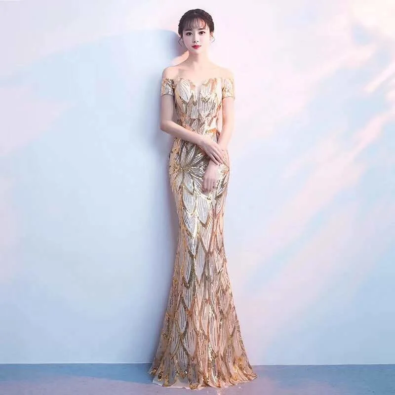 

Off-shoulder Long Prom Sparkle O-Neck Sleeveless Formal Evening Women Elegant Sequin Mermaid Evening Party Gown Dress Sexy