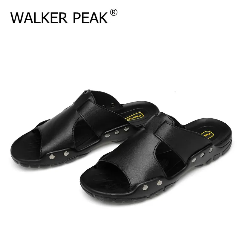 Мужские летние дышащие сандалии на плоской подошве пляжные повседневные кожаные