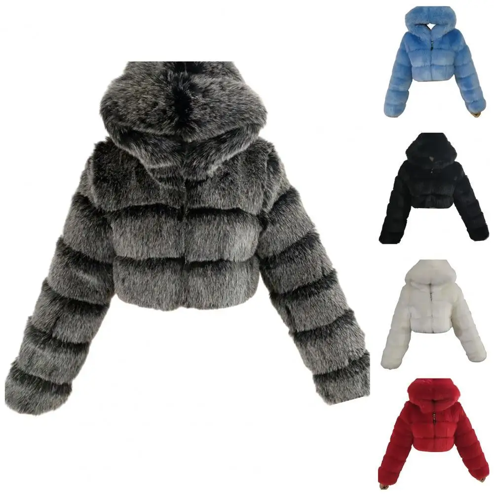

Women Fashion Winter Faux Fur Cropped Coat Fluffy Zip Hooded Warm Short Jacket