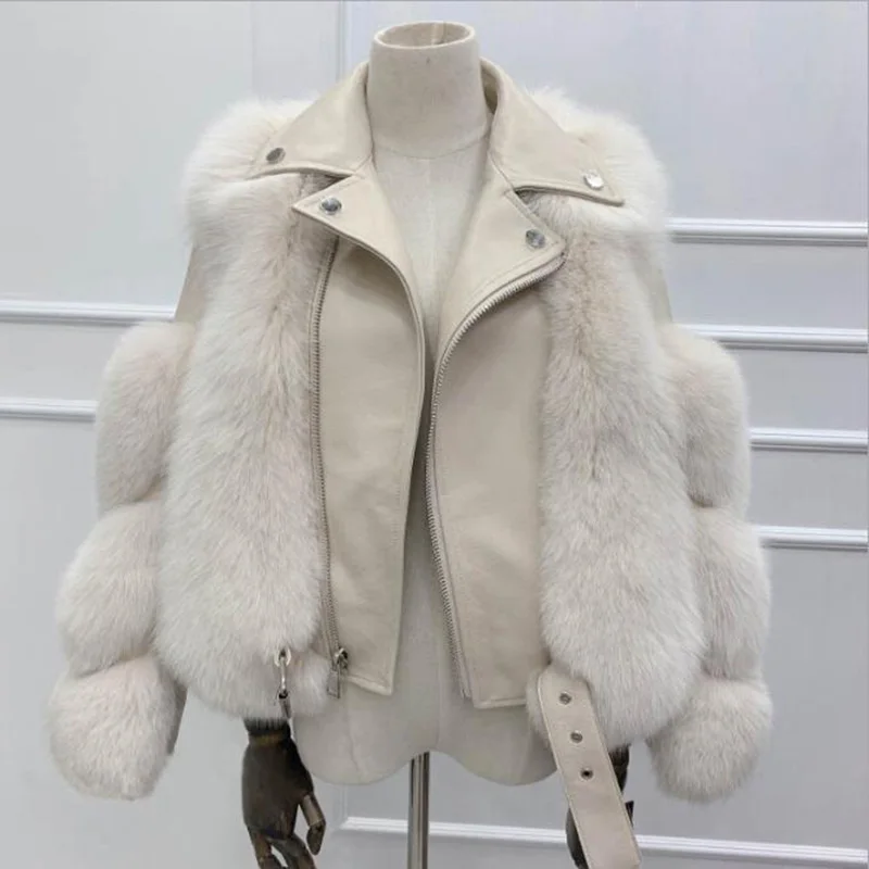 

2020 Winter New Top Fashion Luxury FAUX Fox Fur Coat Motorcycle PU Leather Turn Down Collar Warm Faux Fur Jacket Women