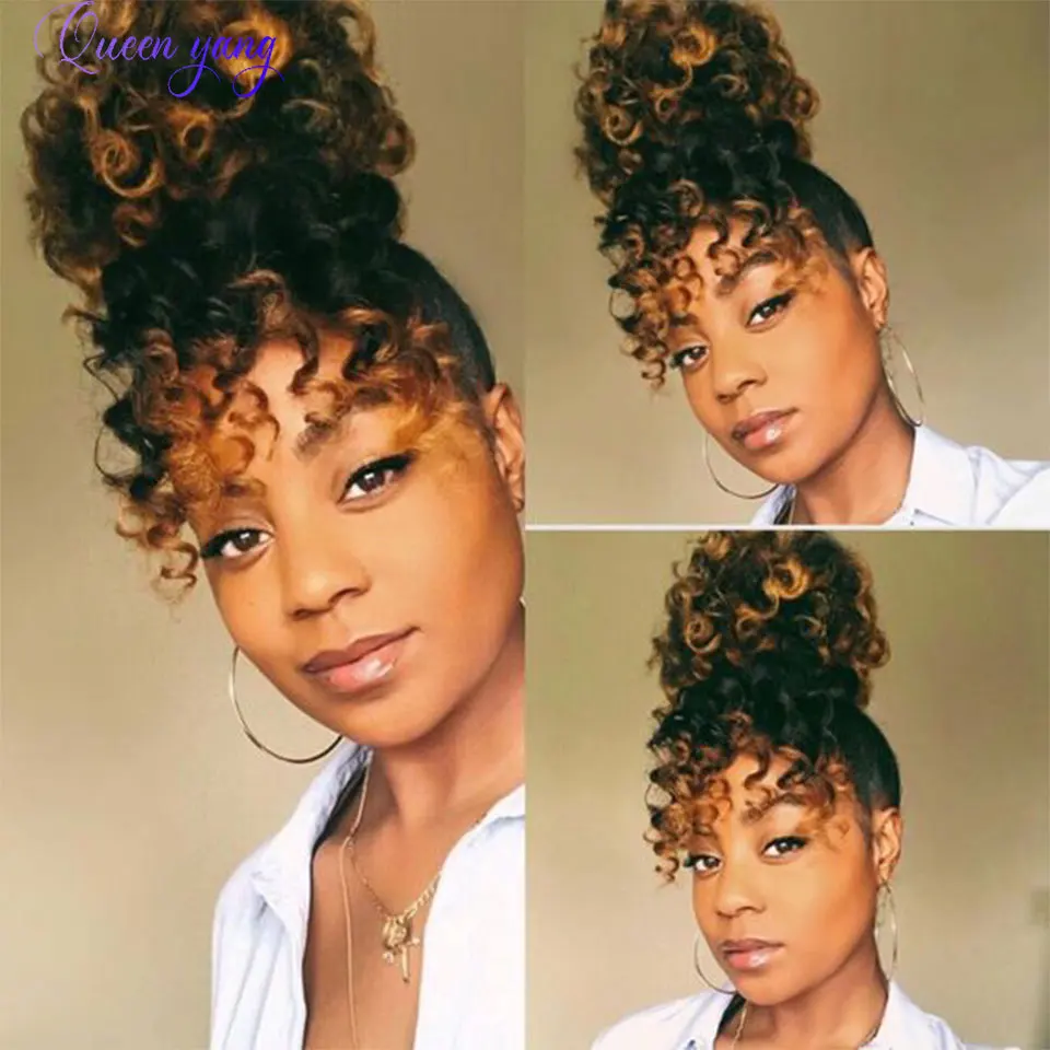 

QUEENYANG Synthetic Drawstring African Fluffy Artificial Afro Puff Bun Puffs Ponytails Bun Wrap Natural Black Hair Extensions