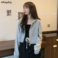 with hat hoodies chic autumn trendy korean solid zip up ladies cropped hoodie all match loose popular womens sweatshirts stylish