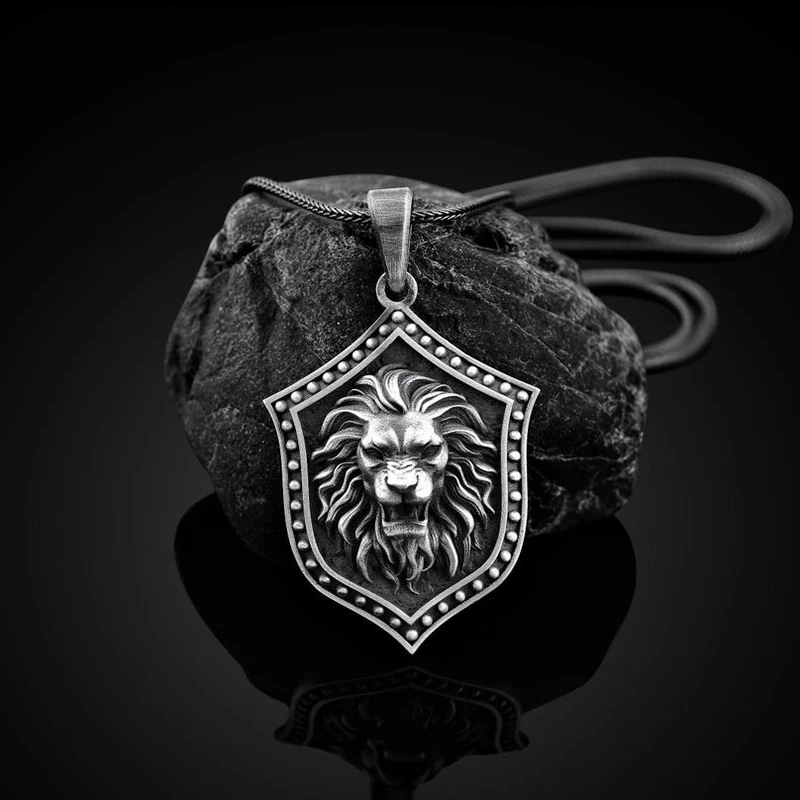 

Hot sale zodiac lion shield pendant necklace for man retro lion head tag Men's chain necklace accessories