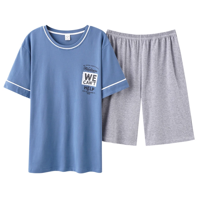 

Pure Cotton Casual Loose Plus Size Sleepwear Summer Men's Pajamas Summer Cartoon Letters Short-sleeved Round Neck Homewear Suit