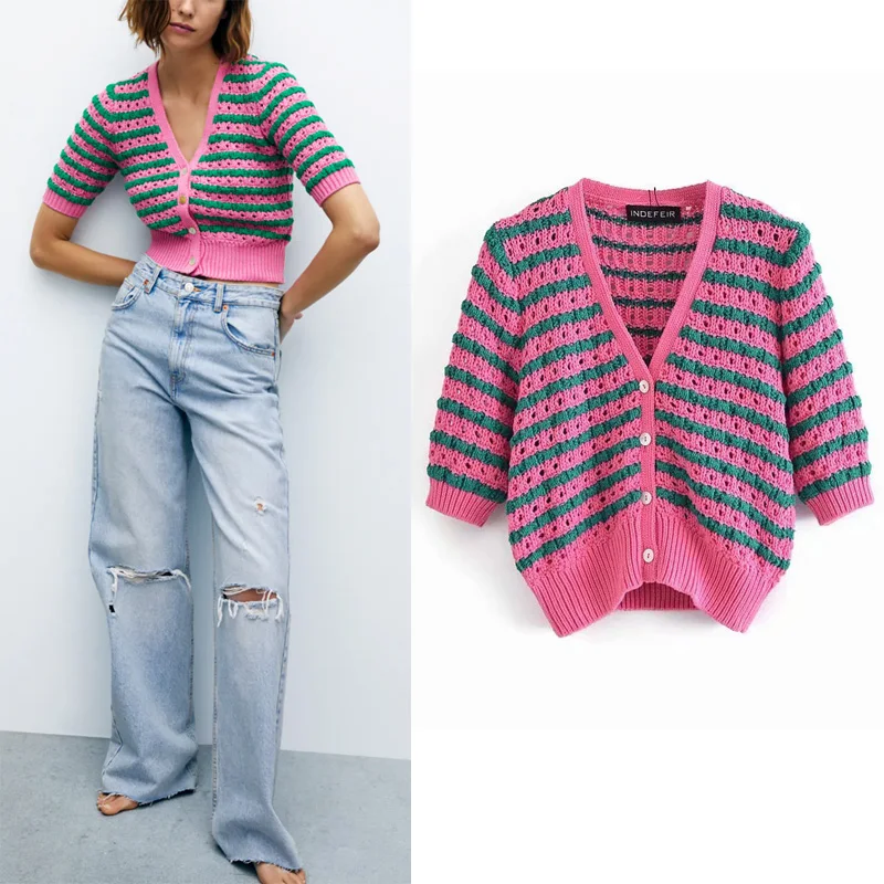 

Za Summer Woman Knitting Shirt 2021 Casual V-neck Single Row Buttons Short Sleeve Design Vintage Texture Solid Color Shirt Coat
