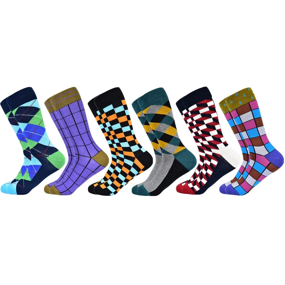 6 pairs socks-12 Популярные мужские носки из чесаного хлопка подарки для мужчин клетчатые геометрические повседневные мужские носки Цветные счастливые мужские носки - Цвет: 6 pairs socks-12