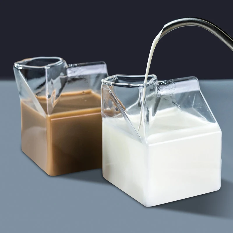 

300ML Glass Milk Bottle With Straw Transparent Mini Square Milk Carton Water Bottle Breakfast Coffee Milk Juice Cold Drink Cups