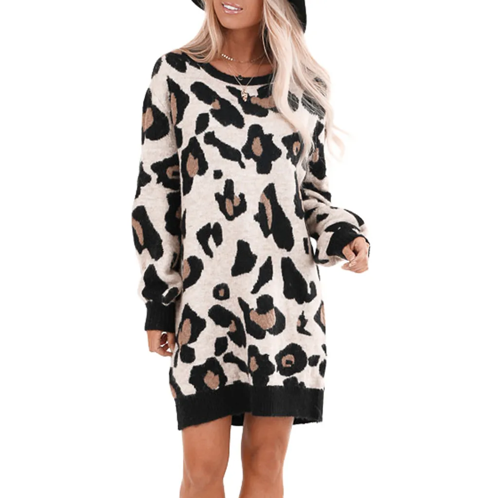 Женское короткое платье с круглым вырезом длинным рукавом и леопардовым принтом
