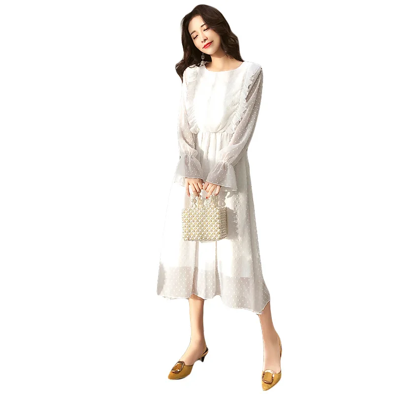 

Spring Summer Chiffon White Dress Women Mid-Calf Ruffle Sleeve Dress Sweet Slim Summer Dress Casual Ladies Holiday Party Dress