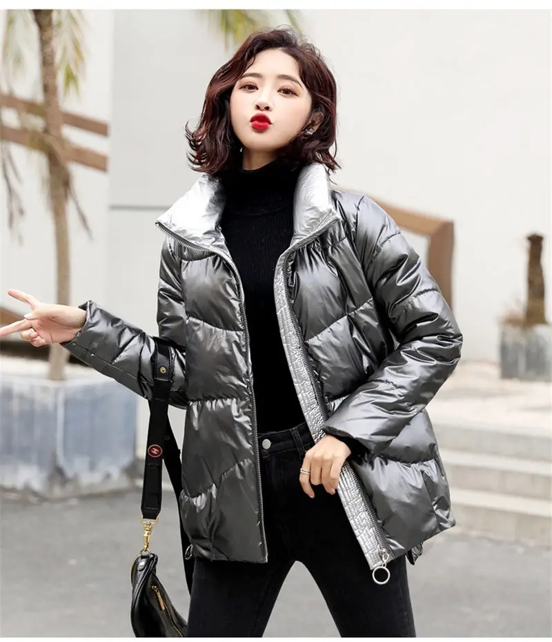 Женская куртка и пальто с воротником-стойкой простая блестящая пуховая парка из
