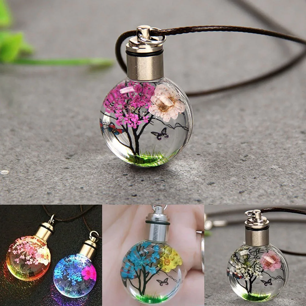 

New Luminous Dried Flower Butterfly Glass Ball Women Necklace Pendant Rope Chain Necklace for Women Strip Leather Choker