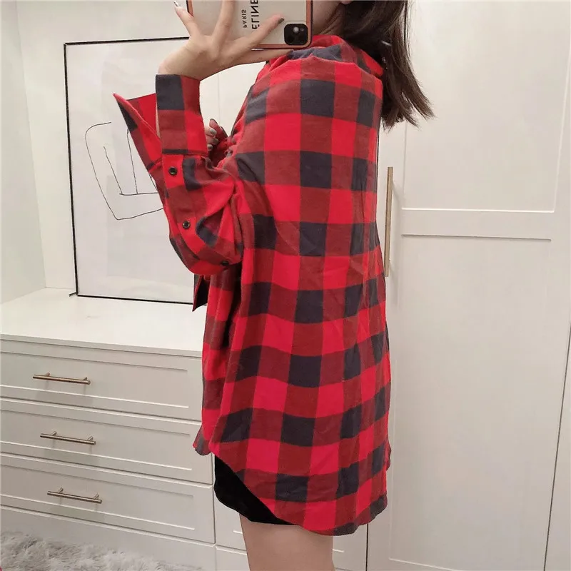 

PSEEWE Multiway Red Plaid Long Shirt Women Za Autumn Long Sleeve Collared Button Up Shirts Ladies Fashion Casual Streetwear Tops