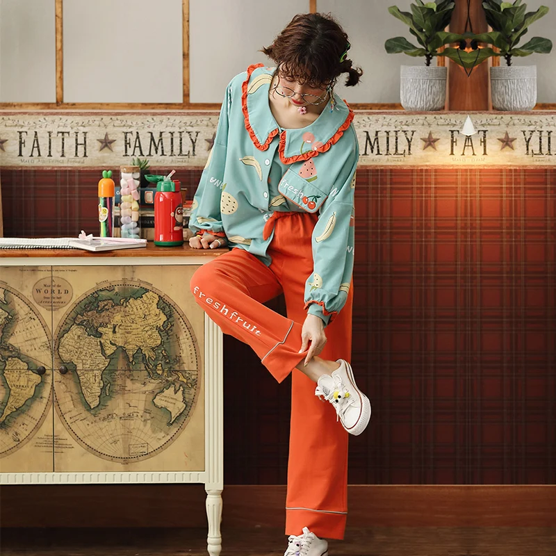 JRMISSLI хлопковая длинная Пижама набор для женщин с фруктовым принтом M XXL большой