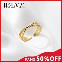 wantme new arrival luxury geometric white zircon cross open finger ring for women genuine 925 sterling silver wedding jewelry
