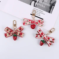 1pc lovely ribbon strawberry keychain keyring for women girl jewelry simulated fruit bowknot cute bag car key holder keyring