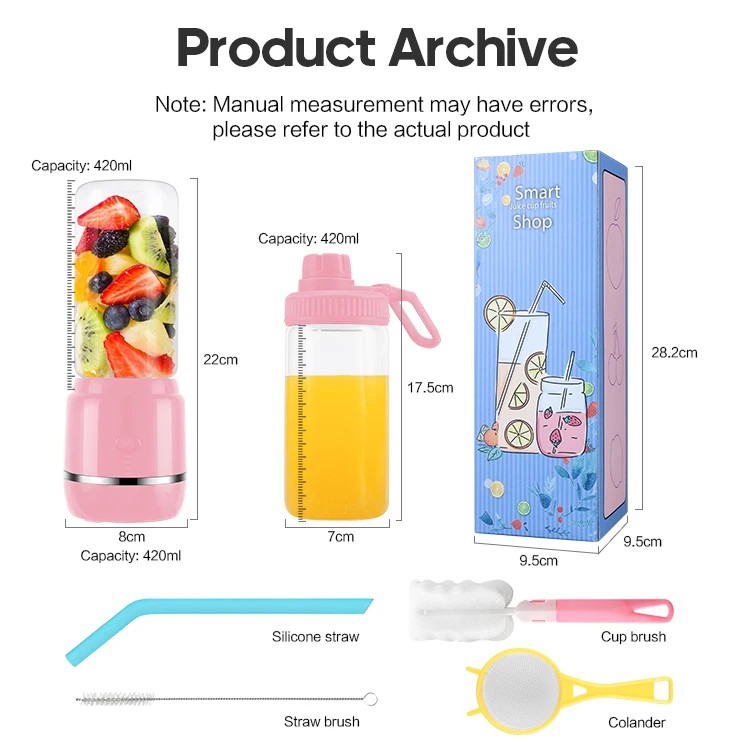 

Kinscoter 6 Blades Electric Fruit Juicer Rechargeable Automatic Juicer 420ml Portable Blender with Glass Cup