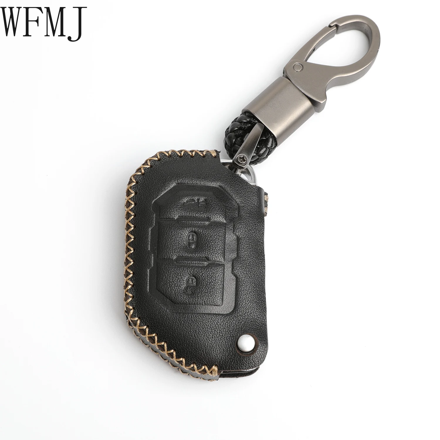 

WFMJ Black Leather for 2018 2019 2020 2021 Jeep Wrangler JL Gladiator JT JLU 68292942AA 3 Buttons Flip Key Fob Case Cover Chain