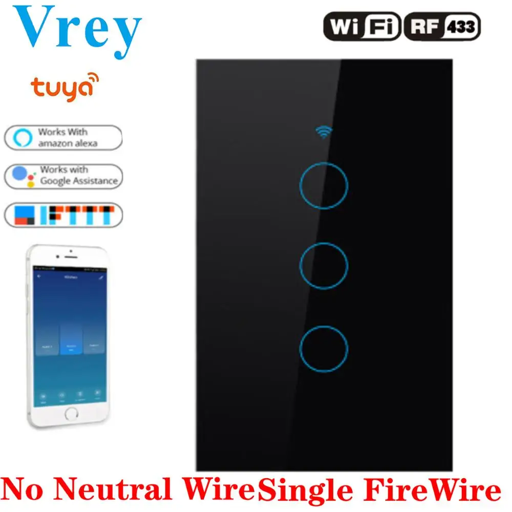 

VREY WiFi Smart Touch Switch100V-240v Wall Touch Screen Switch Suppor Remote Control Single Firewire Work Alexa Google Home