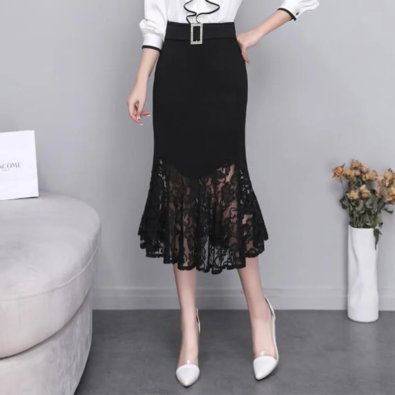 

Cultiseed Women OL Elegant Office Work Lace Patchwork Ruffles Party Skirts Clothes Female New Summer High Waist Trumpet Gowns