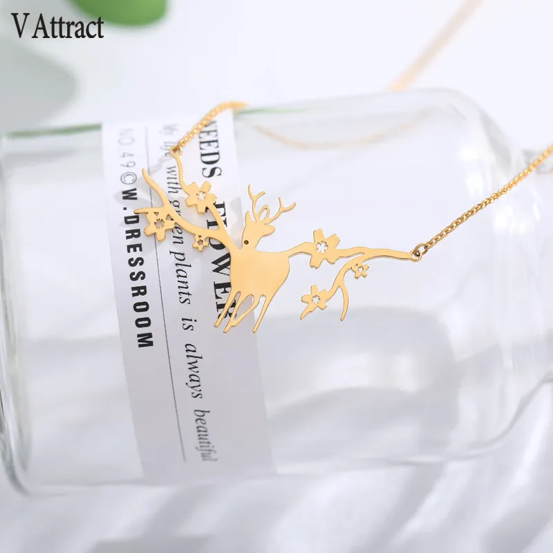 V Attract Christmas Necklaces Elk Deer Antlers Pendant Necklace Gift for Women Gold Clavicle Chain Jewelry Collier Femme | Украшения и