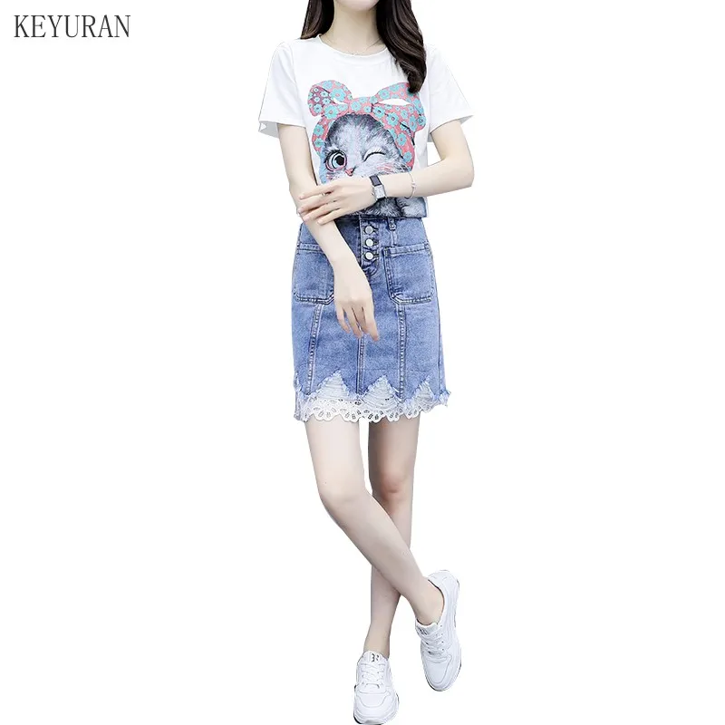 Комплекты джинсовой юбки женские летние футболки с коротким рукавом и принтом
