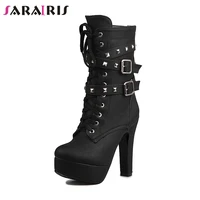 sarairis new hot sale 32 47 cool rivet platform booties ladies mid calf motorcycle boots women 2019 high heels shoes woman