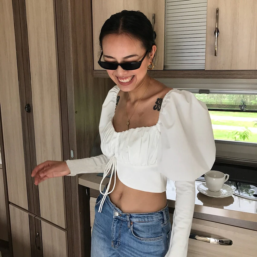 Укороченный топ с пышными рукавами пикантные рубашки Женская туника на шнуровке