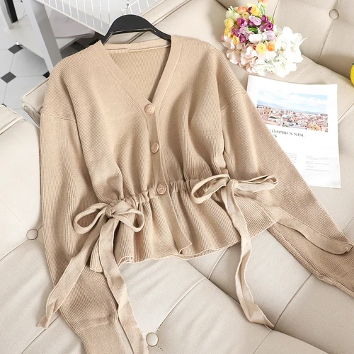 khaki Korobov/корейские однотонные женские кардиганы с завязками и бантом, милые однобортные кардиганы с длинными рукавами и v-образным вырезом, Вязаный топ из органической кожи 78863 - Цвет: khaki