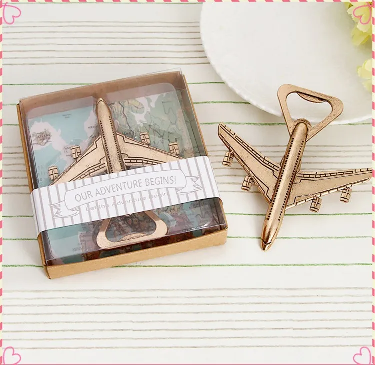 

50pcs/lot Nice antique Airplane Bottle Opener wedding favors gift "Let the Adventure Begin" bear bottle opener party decoration