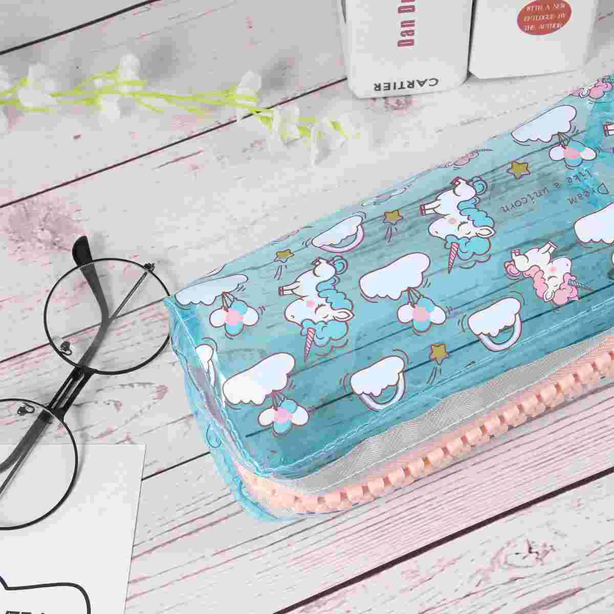 

1Pc Fashion Transparent Pencil Case Cartoon Big Zipper Pen Bag School Stationery(Blue)