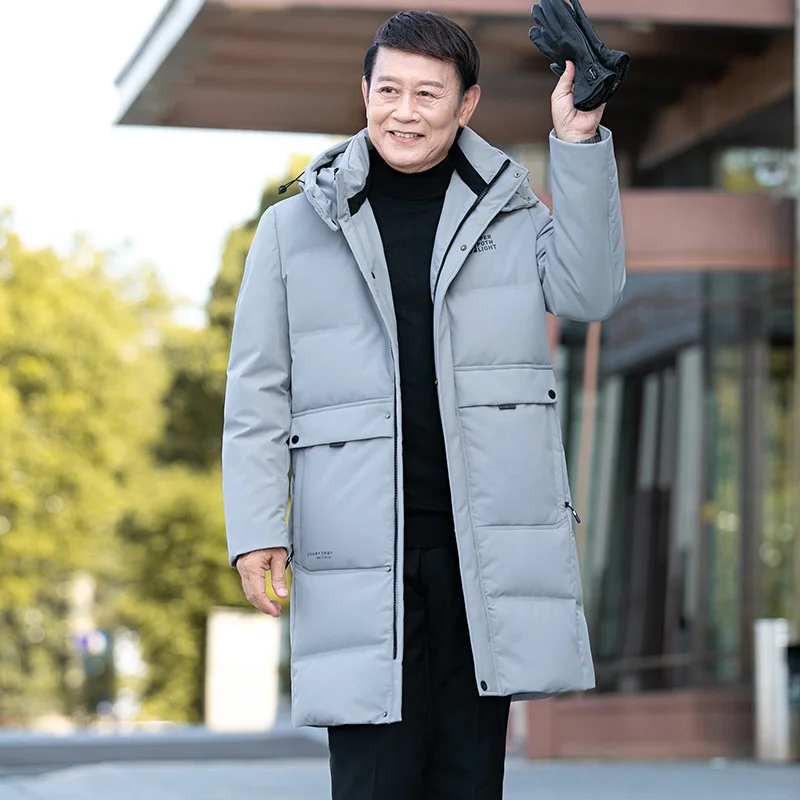 

Куртка на утином пуху для мужчин среднего и пожилого возраста, длинное модное повседневное мужское зимнее пальто с капюшоном в новом стиле