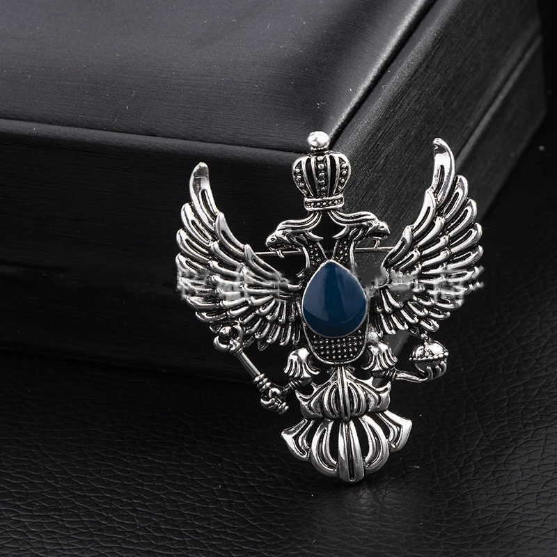 Old silver Vintage Russian National Emblem Shape Brooches Antique Gold Color Rhinestone Brooch Women Men Souvenir Gifts Lapel Pins - Цвет камня: Old silver