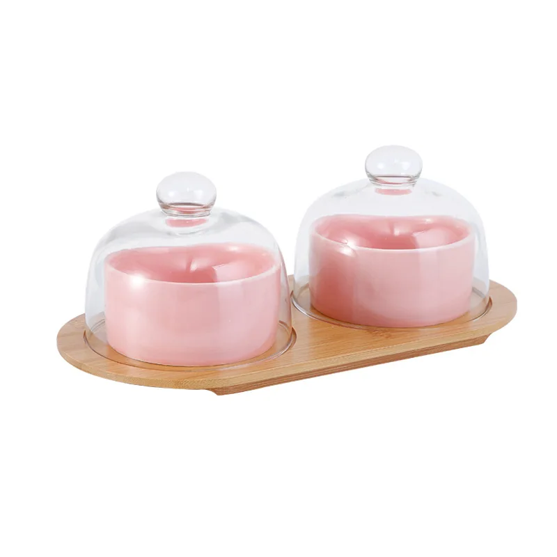 

Ceramic Snack Dish Set with Glass Lid Dessert Cake Candy Storage Box Tableware Dinnerware Fruit Container Side Plates Bowl