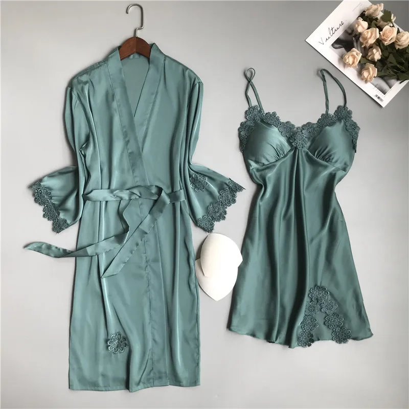 Spring Pajamas Sets Women Robe Gown Suit Sexy 2PCS Sleep Dress Sleeveless Nightdress Pyjama Lounge Home Clothes With Chest Pads | Женская