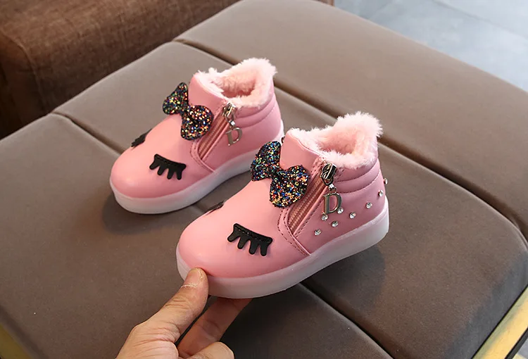 Fur cartoon Fashion Snow winter children boots Cute hot sales kids casual sneakers Lovely butterfly girls shoes