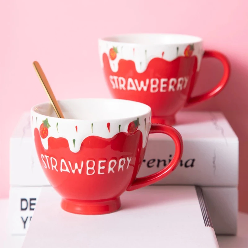 

Strawberry Ceramic Mug Milk Cup Coffee Cup Tea Afternoon Tea Cup With Lid Spoon Household Water Cup Oatmeal Breakfast Cup Gift