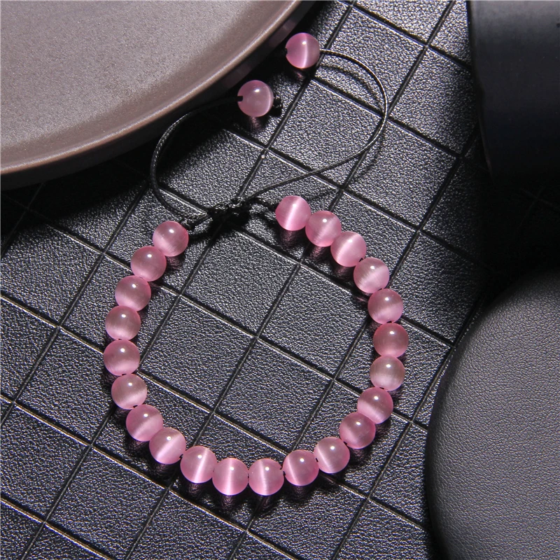 Женский плетеный браслет 8 мм зеленый белый розовый синий с бусинами кошачий глаз